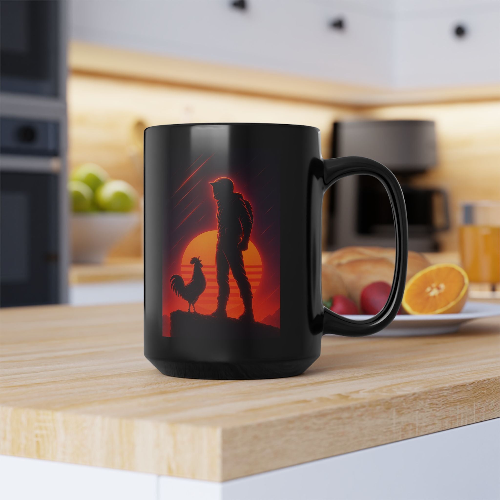 Retro Raider and Rooster Sunset — Black Coffee Mug