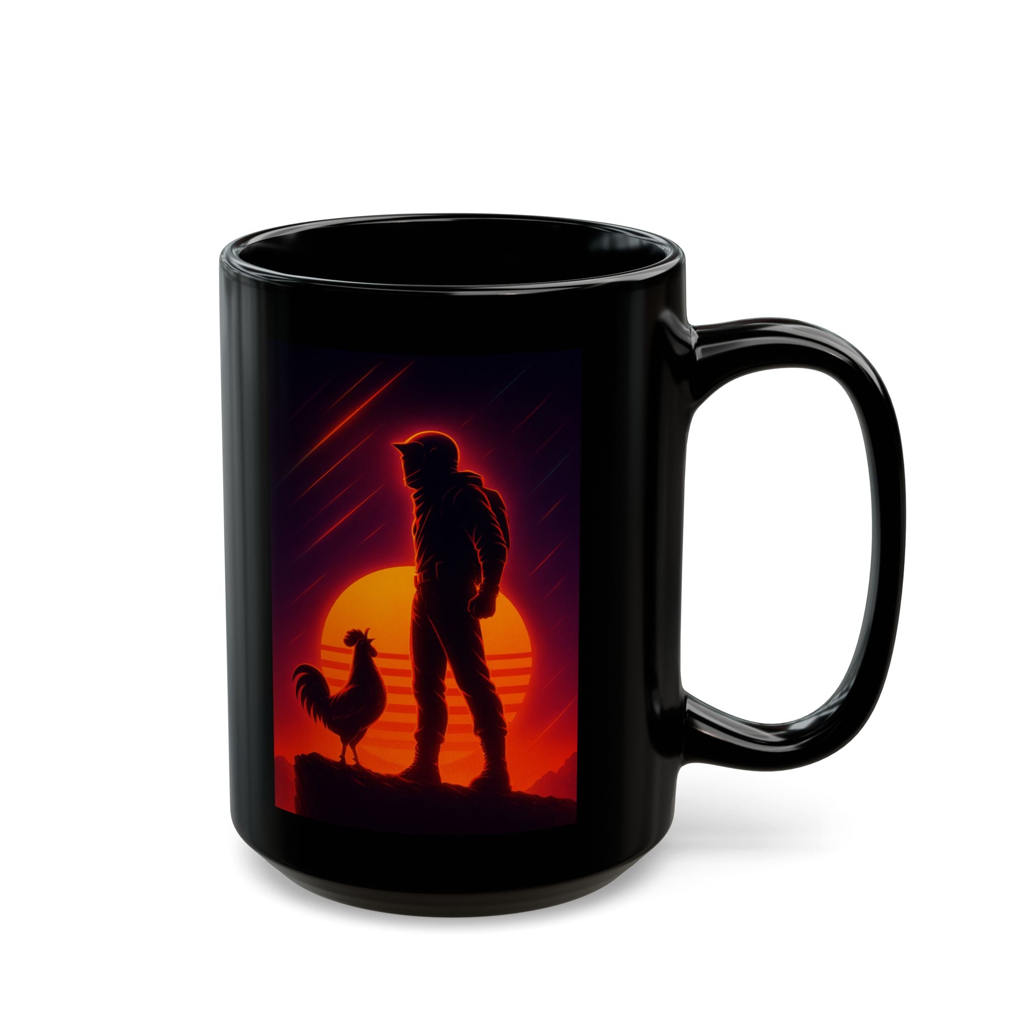 Retro Raider and Rooster Sunset — Black Coffee Mug
